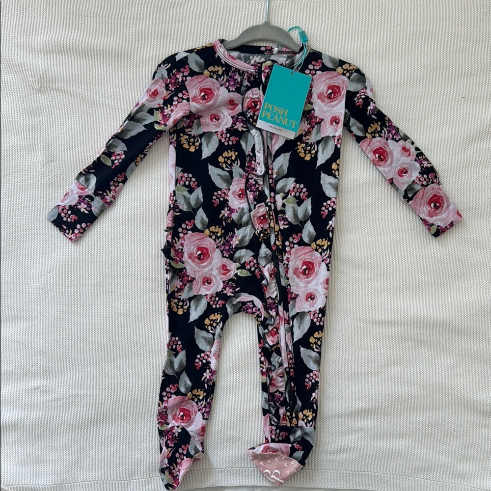 Posh Peanut Floral Kids ruffle footie- Pink and Black